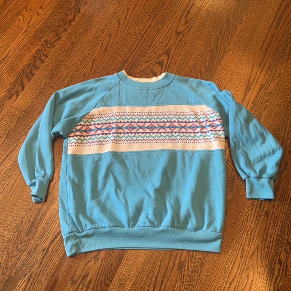 VTG 90's Grandma Geometric Pattern Blue Sweatshirt Womans Plus 22W Grannycore